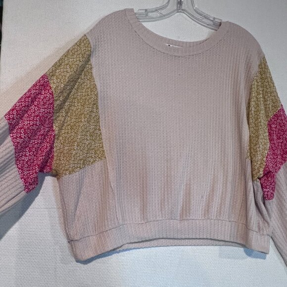 Ivy May Waffle Knit Boho Top M Oversized Patchwork Sleeves Floral Colorblock - Picture 2 of 9